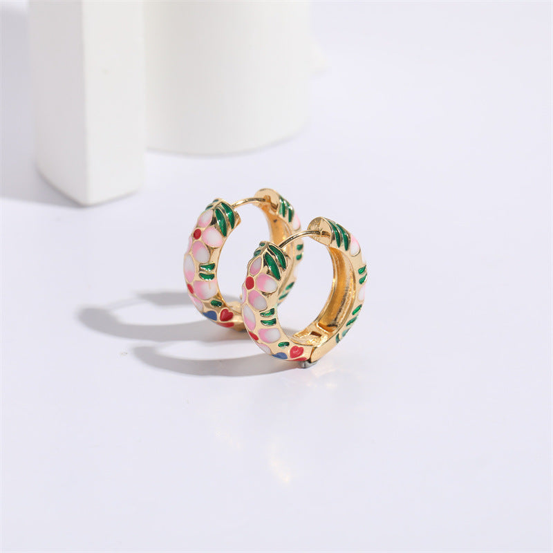Wholesale Flower Oil Dripping Silver Needle Color Enamel 14K Real Gold Earrings